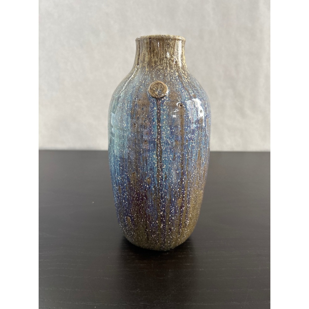 Studio Pottery Bud Vase Signed Hand Thrown Blue Brown Drip Glaze Artisan Ceramic